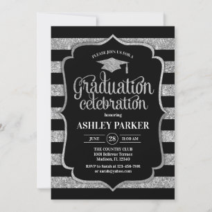 Invitación Graduación - Bandas de color plateado negro