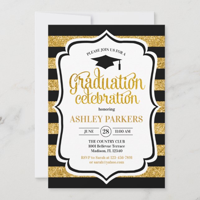 Invitación Graduación - Bandas de oro negro (Anverso)