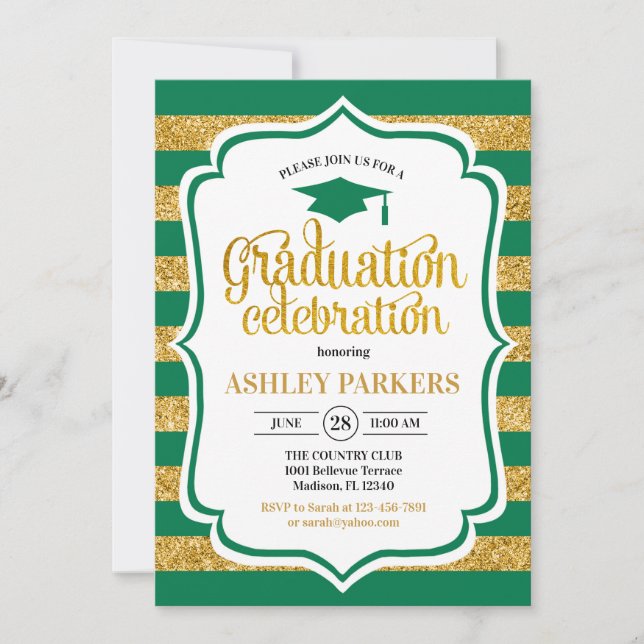 Invitación Graduación - Bandas de oro verdes (Anverso)