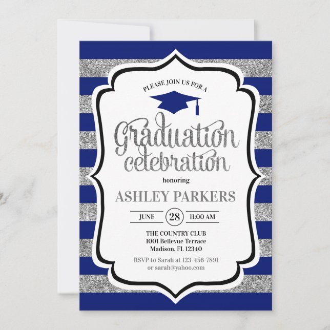 Invitación Graduación - Bandas de plata azul de la Marina (Anverso)
