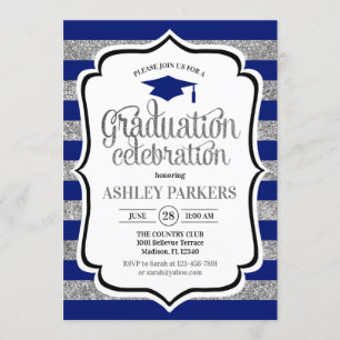 Invitación Graduación - Bandas de plata azul de la marina