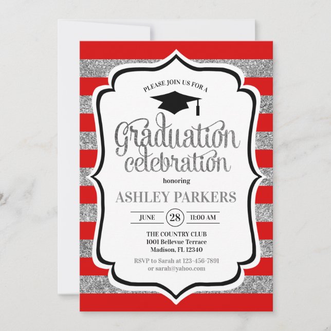 Invitación Graduación - Bandas rojas plateadas (Anverso)