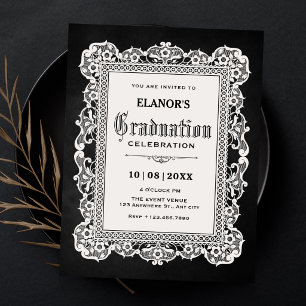 Invitación Graduación barroca vintage blanco negro