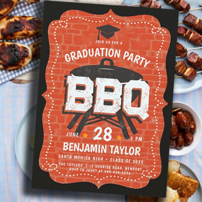 Invitación Graduación BBQ Fiesta Rústico Muro de fondo patio  (male high school graduation party ideas bbq party invitations college grad rustic backyard outdoor)