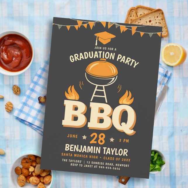 Invitación Graduación BBQ Fiesta Rústico País Negro Occidenta (male high school graduation party ideas bbq party invitations college grad template rustic backyard )