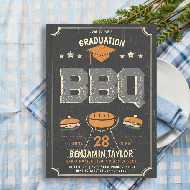 Invitación Graduación BBQ Fiesta Rústico País Vaquero Negro (male high school graduation party ideas bbq party invitations college grad template rustic country)