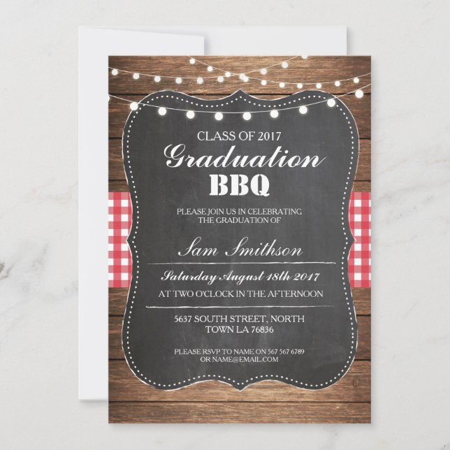 Invitación Graduación BBQ Rustic Chalk Wood Lights Invite (Anverso)