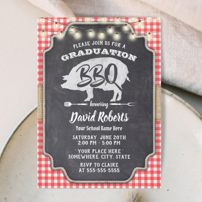 Invitación Graduación BBQ Rustic Chalkboard Red Gingham (Subido por el creador)