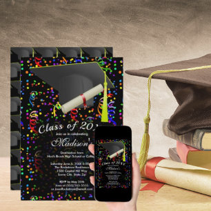 Invitación Graduación Black Cap Diploma Confetti Fiesta negro