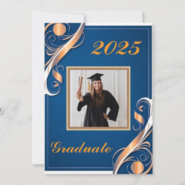 Invitación Graduación blanca de Naranja azul 2025 (Anverso)