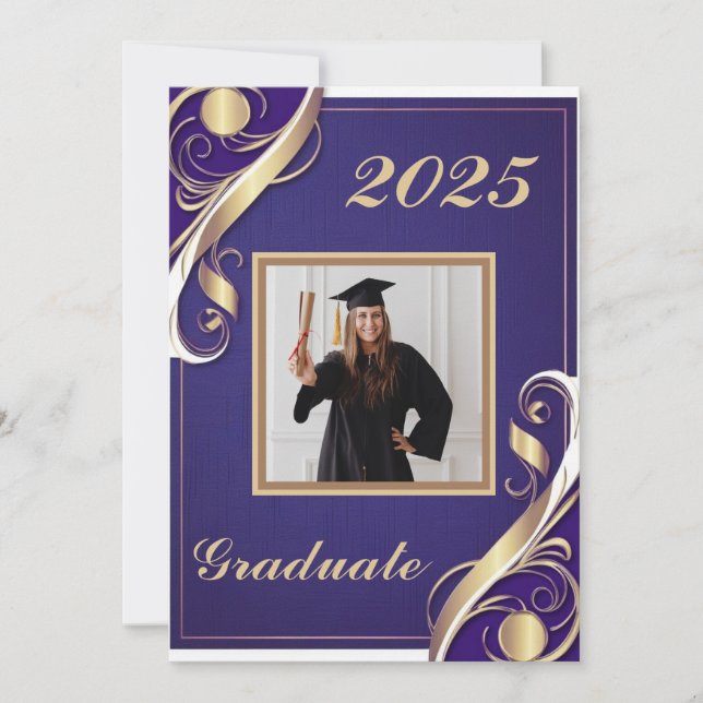 Invitación Graduación blanca de oro morado 2025 (Anverso)