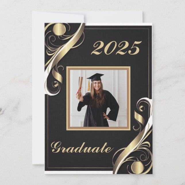 Invitación Graduación blanca de oro negro 2025 (Anverso)