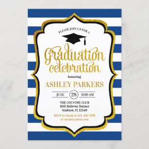 Invitación Graduación - Blanco dorado azul de la marina