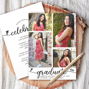 Invitación Graduación Blanco Negro 4 Fotos Caligrafía Corazon