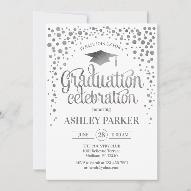 Invitación Graduación - Blanco plateado (Anverso)