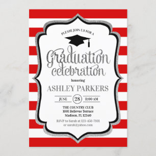 Invitación Graduación - Blanco Rojo Plata Negro