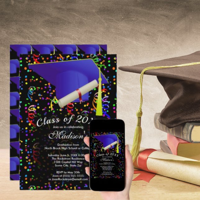 Invitación Graduación Blue Grad Cap Diploma Confetti Negro (Graduation Blue Grad Cap Diploma Confetti Black Invitation)