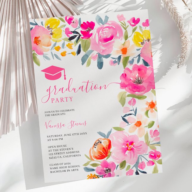 Invitación Graduación bohemia audaz de acuarela floral rosa (Bohemian bold floral watercolor pink graduation invitation)