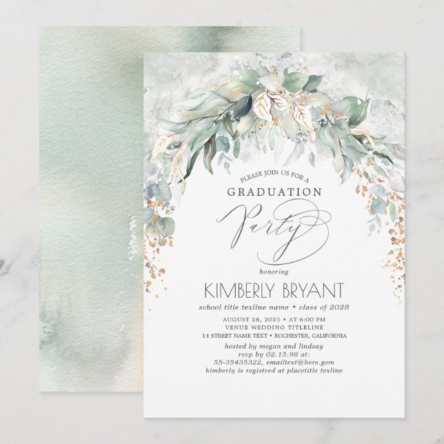 Invitación Graduación Boho Elegant Gold Purpurina Greenery (Anverso / Reverso)