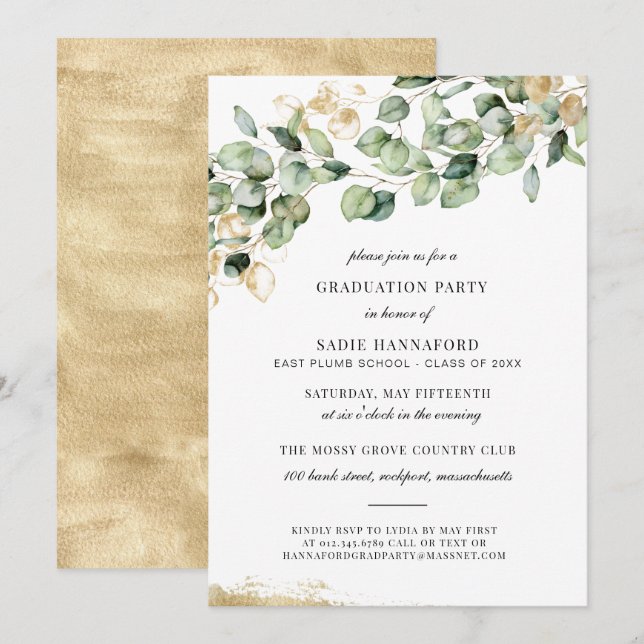 Invitación Graduación Botánica de Oro Rústico Eucalyptus (Anverso / Reverso)
