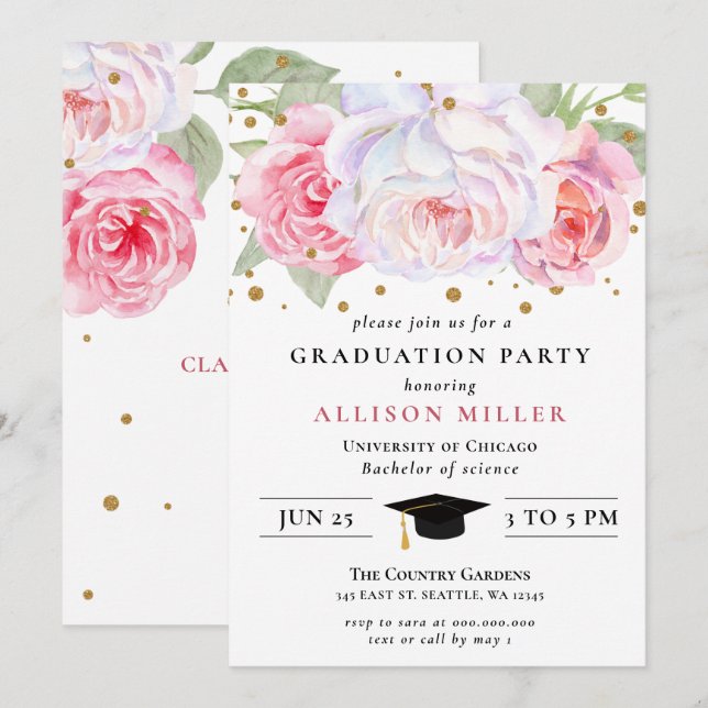 Invitación Graduación Botánica Rústica Rubor Gold Floral (Anverso / Reverso)