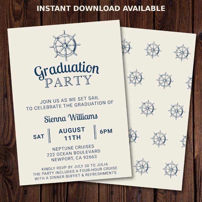 Invitación Graduación Bote Fiesta Barco Rueda Náutica (Nautical graduation party invitation. Perfect for a boat party or cruise. )