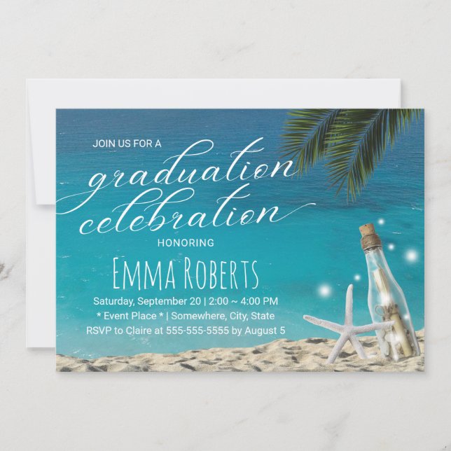 Invitación Graduación Botella de mensaje de Starfish Beach Tr (Anverso)