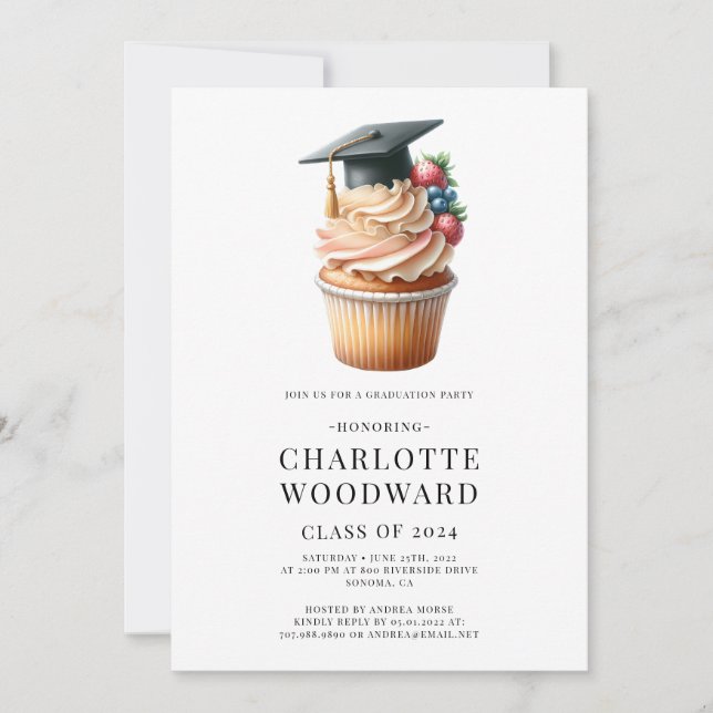 Invitación Graduación Cap Cupcake ilustracion Fiesta de grado (Anverso)