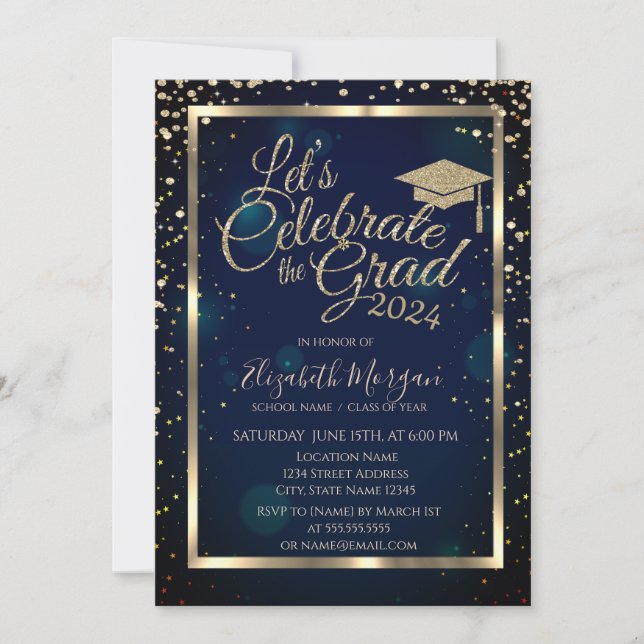 Invitación Graduación Cap Diamonds Stars Navy Blue (Anverso)