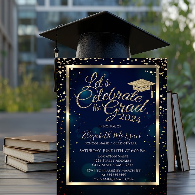 Invitación Graduación Cap Diamonds Stars Navy Blue (Subido por el creador)