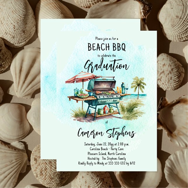 Invitación Graduación Celebración Beach BBQ Grill ("Beach BBQ" Grill Graduation Party Invitation for Print and/or Digital Download)