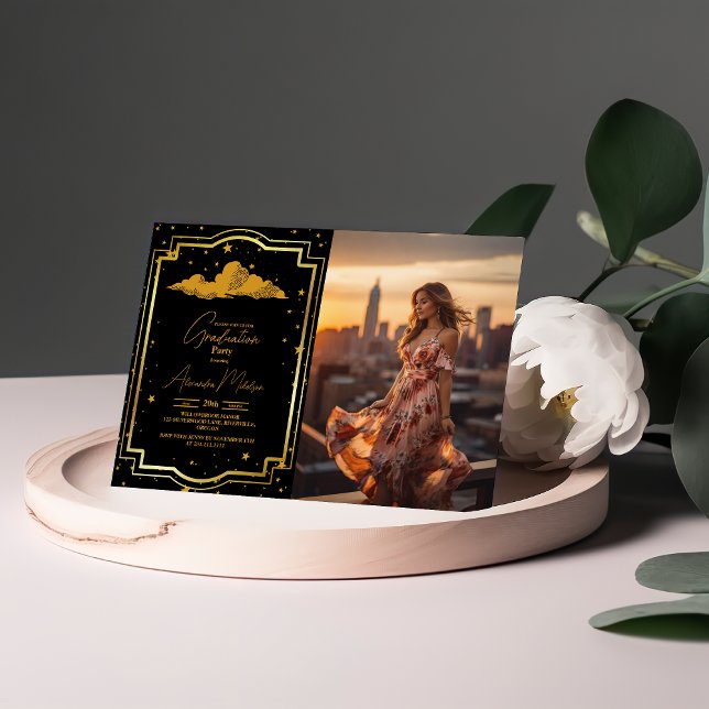 Invitación Graduación Celestial de Oro Negro Elegante (Subido por el creador)