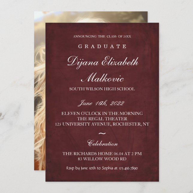 Invitación Graduación clásica de Borgoña (Anverso / Reverso)