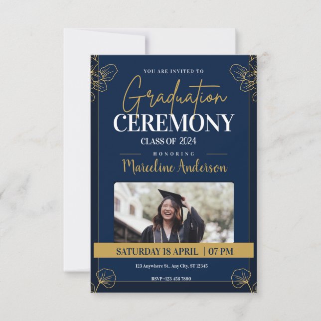 Invitación Graduación clásica de la cosecha azul dorada (Anverso)