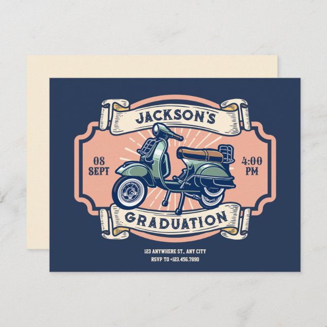 Invitación Graduación clásica de motocicleta retro (Anverso / Reverso)