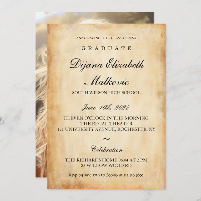 Invitación Graduación clásica de papel antiguo (Anverso / Reverso)
