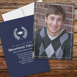 Invitación Graduación Clásica Foto Navy Laurel Laureado Azul