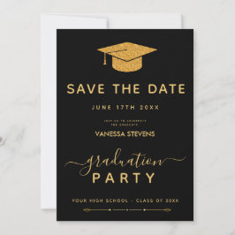Invitación Graduación Clásica Negra y Oro Ahorra la Fecha