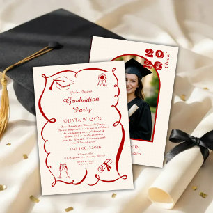 Invitación Graduación Clásica Roja con Fiesta de Fotos