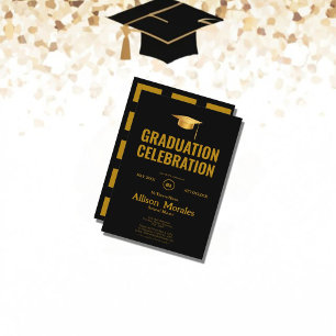 Invitación Graduación clásica simple de lujo rico en oro negr