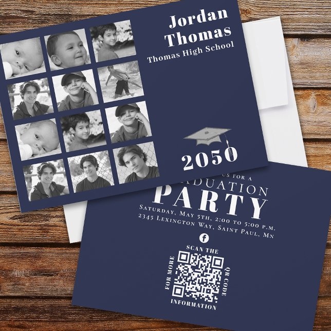 Invitación Graduación Código QR azul de la Marina de Collage  (Subido por el creador)