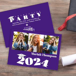 Invitación Graduación Código QR multifoto-púrpura clase 2023