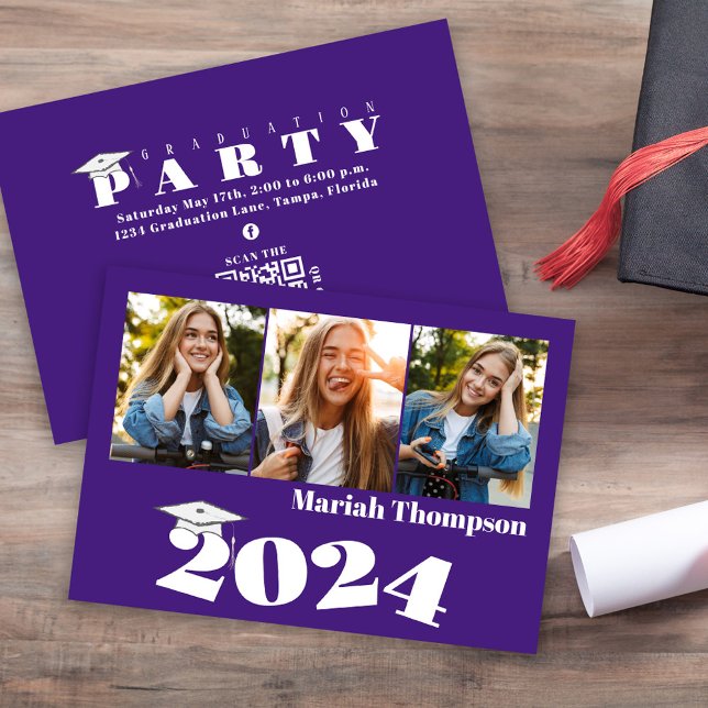 Invitación Graduación Código QR multifoto-púrpura clase 2023 (Graduation photo invitation announcement with purple and white typography. )