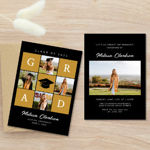 Invitación Graduación Collage de 4 Fotos Negro y Amarillo con