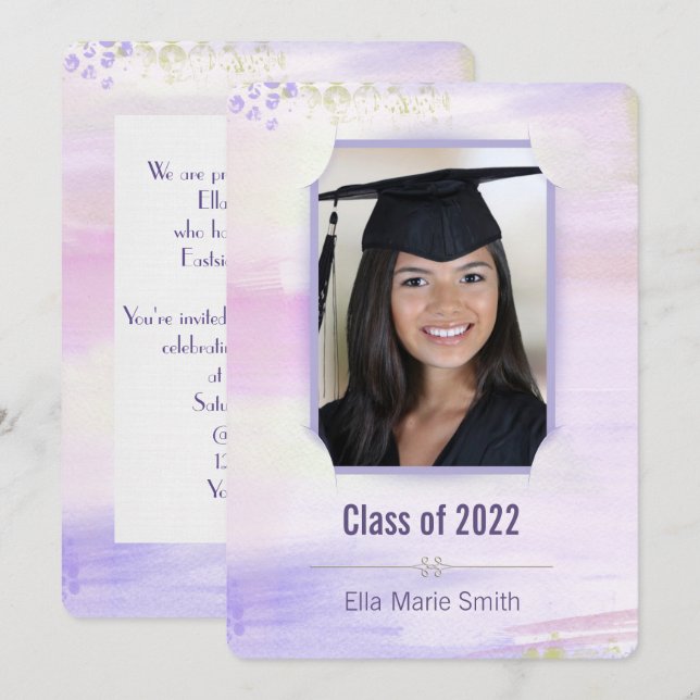 Invitación graduación color purplewateral pastel con marco de (Anverso / Reverso)