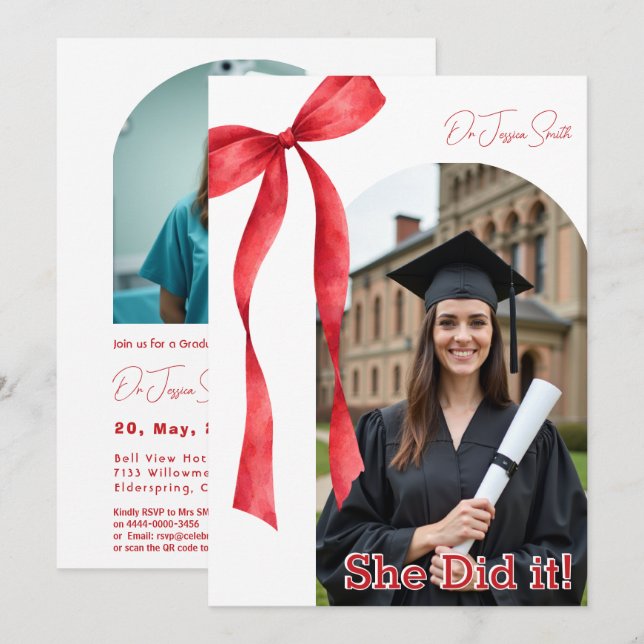 Invitación Graduación con acento de cinta roja (Anverso / Reverso)