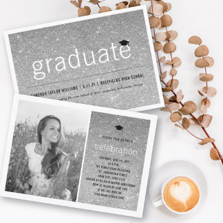 Invitación Graduación con Brillo de Plata Fiesta de Graduació