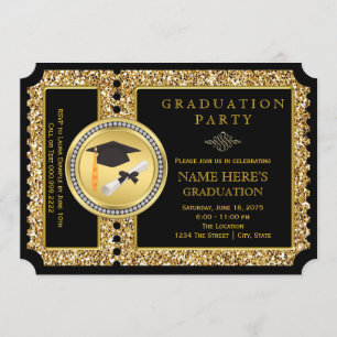 Invitación Graduación con brillo negro y dorado