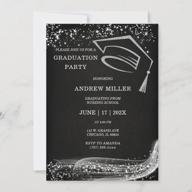 Invitación Graduación con brillo negro y plateado (Anverso)