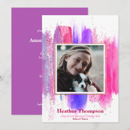 Invitación Graduación con brillo pintado de rosa y morado